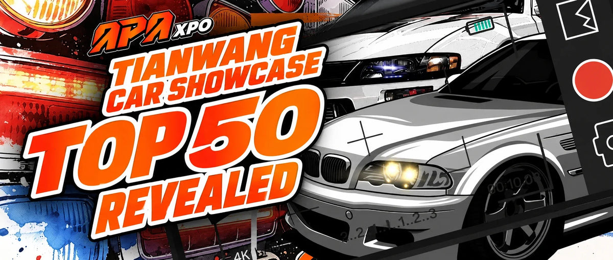 English Tianwang Car Showcase Top 50 Revealed banner adapted from APAxpo artwork, with illustrated modified cars