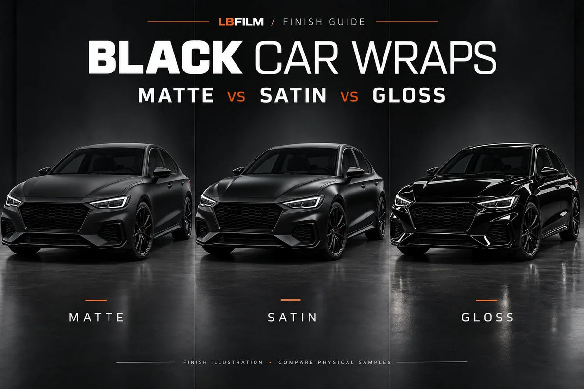 AI-generated illustration comparing matte, satin and gloss black car wrap finishes; compare physical samples.