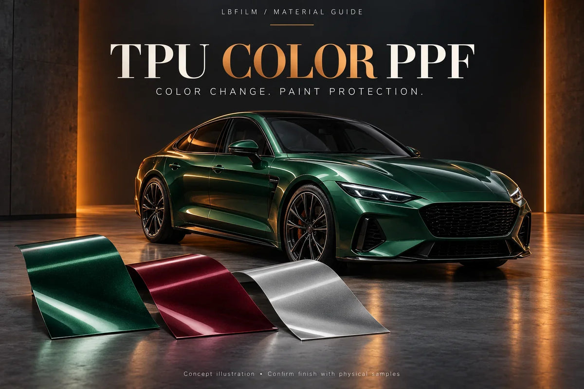 AI-generated concept illustration of a green sedan and colored film swatches for the LBFILM TPU color PPF guide.