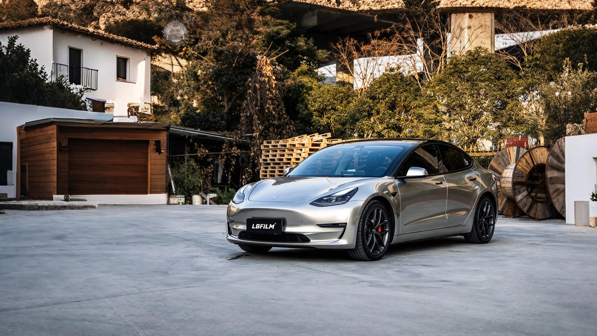 Silver Tesla showcasing LBFILM vinyl wrap