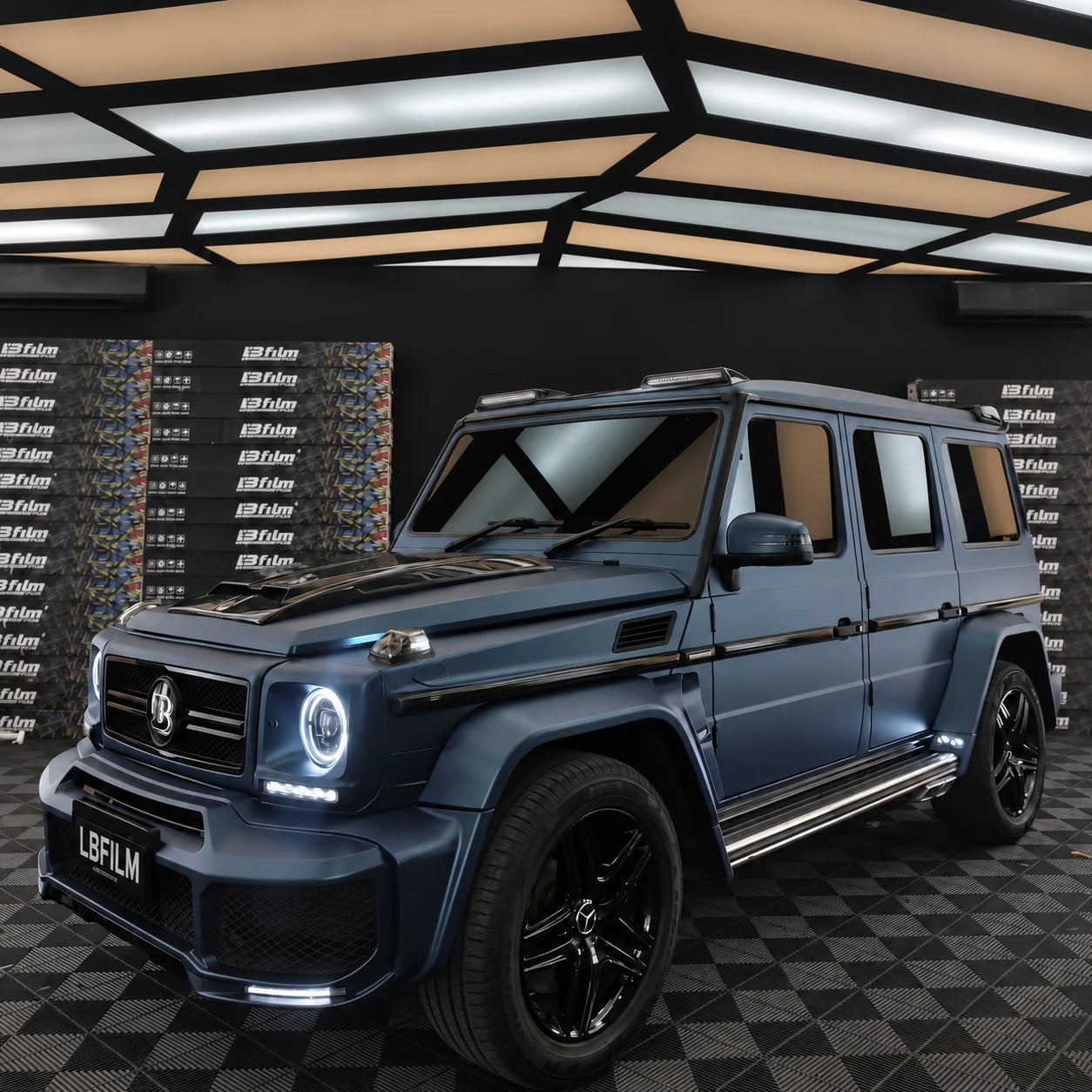 Satin blue Mercedes-Benz G-Class in the LBFILM workshop